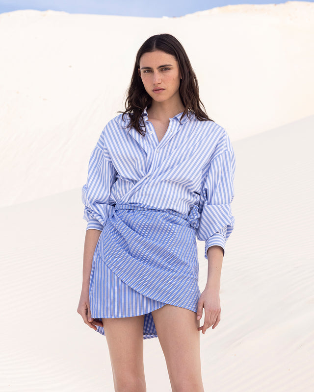 Robe courte en popeline de coton bleu rayée - Robes Mes Demoiselles - Image 3