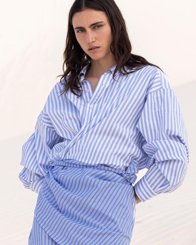 Robe Patric - Bleu : Robe courte en popeline de coton bleu rayée Mes Demoiselles - Image 3