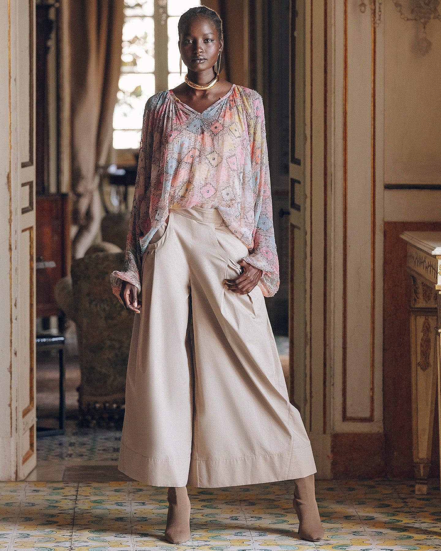 Pantalon large en popeline craquante sable - Pantalons & combinaisons Mes Demoiselles