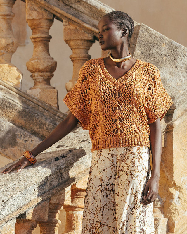 Tricot en tissage ajouré ocre - Pulls & gilets Mes Demoiselles - Image 3
