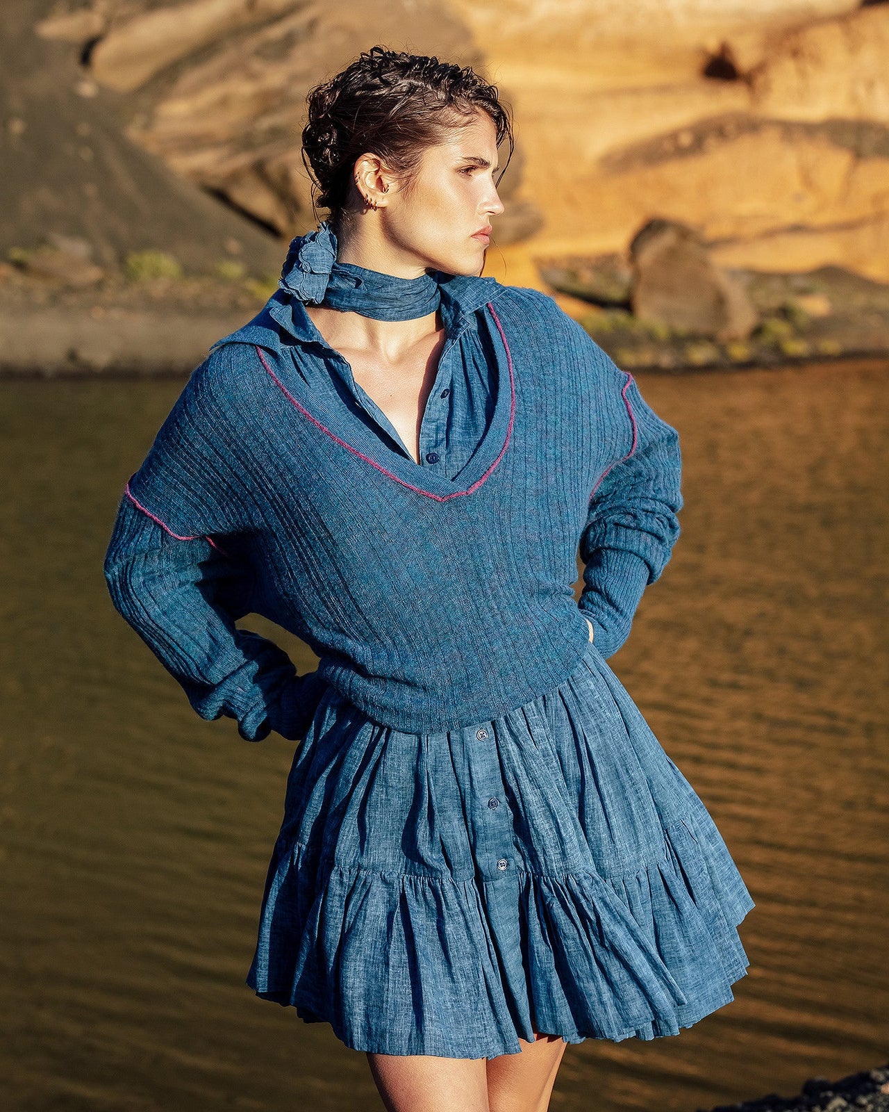 Pull polo en alpaga, côtes irrégulières, piping coloré - Pulls & gilets Mes Demoiselles - Image 3