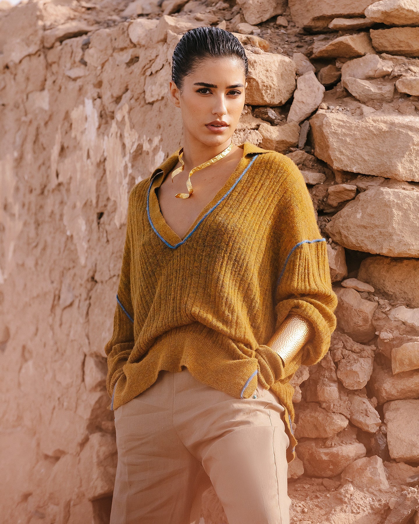 Pull polo Mes Demoiselles en mélange alpaga, côtes irrégulières - Pulls & gilets Mes Demoiselles