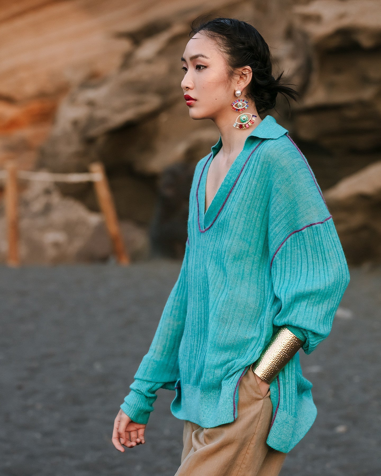 Pull Takuya - Turquoise : Pull polo Mes Demoiselles en mélange alpaga, côtes irrégulières Mes Demoiselles