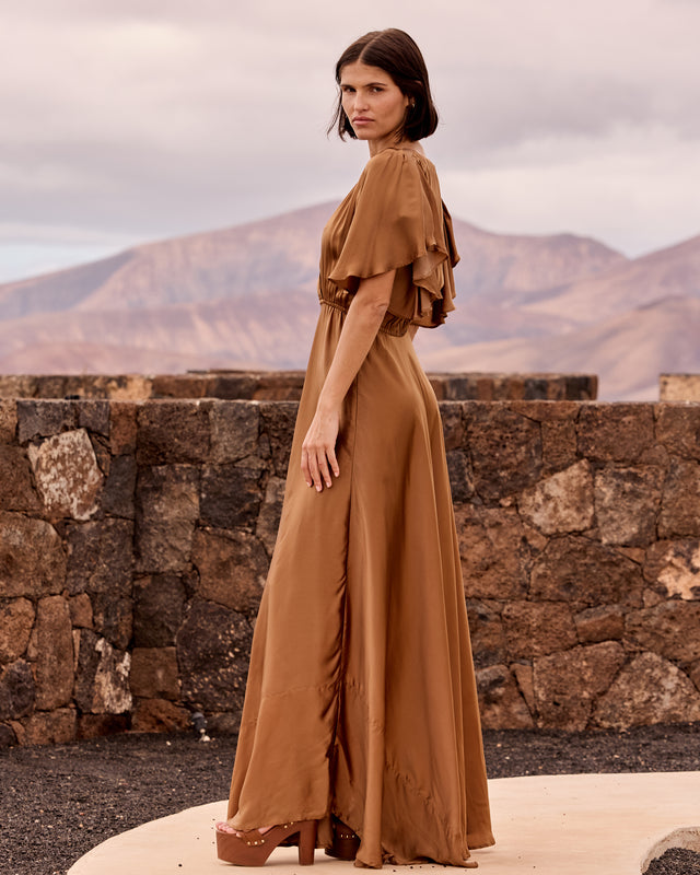 Robe longue fluide en satin – Caramel - Robes Mes Demoiselles - Image 2