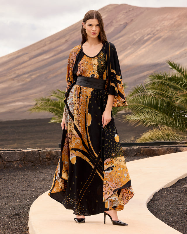 Robe longue imprimé placé – Noir et ocre - Robes Mes Demoiselles - Image 1