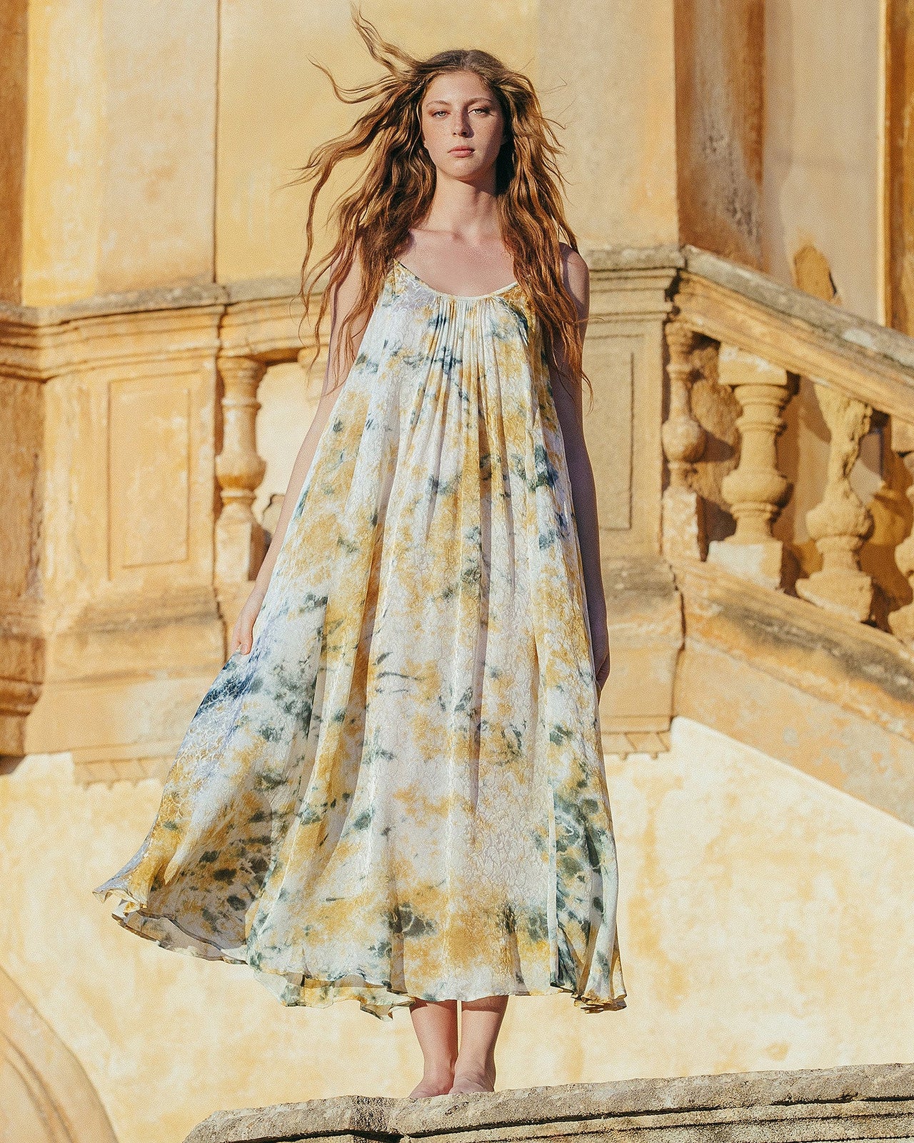 Robe Ivol - Ocre : Longue robe à bretelles imprimée tye&dye Mes Demoiselles - Image 6
