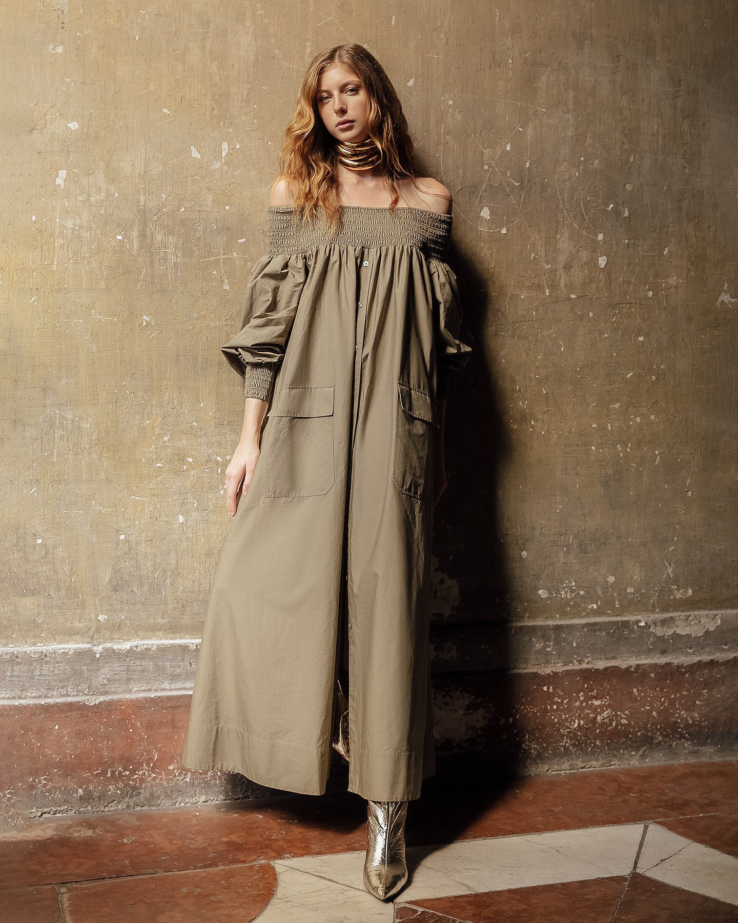 Robe longue kaki en popeline de coton craquante - Robes Mes Demoiselles
