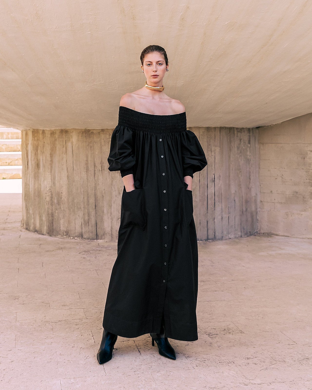 Robe longue noire en popeline de coton craquante - Robes Mes Demoiselles - Image 1