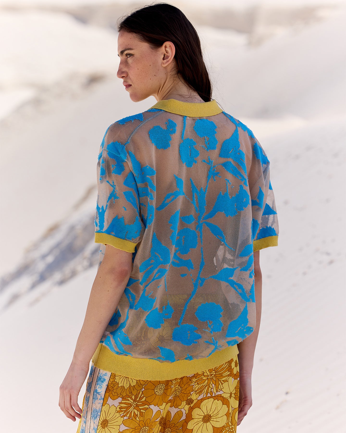 Polo délicat en dévoré bleu sur une base chair avec détail jaune - Pulls & gilets Mes Demoiselles