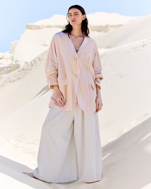 Veste élégante en gaze de lin rayé jaune et beige - Manteaux & vestes Mes Demoiselles - Image 1
