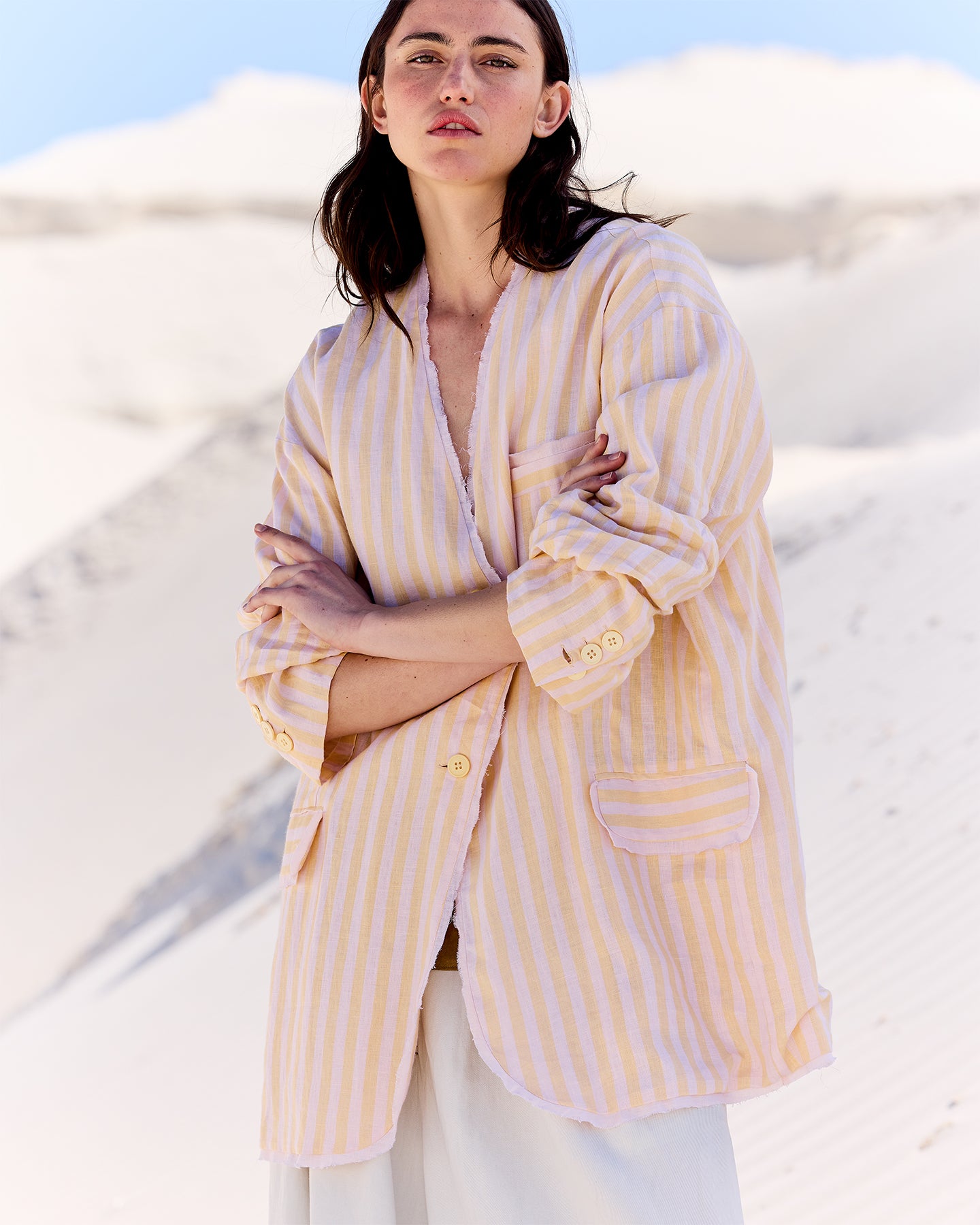 Veste élégante en gaze de lin rayé jaune et beige - Manteaux & vestes Mes Demoiselles