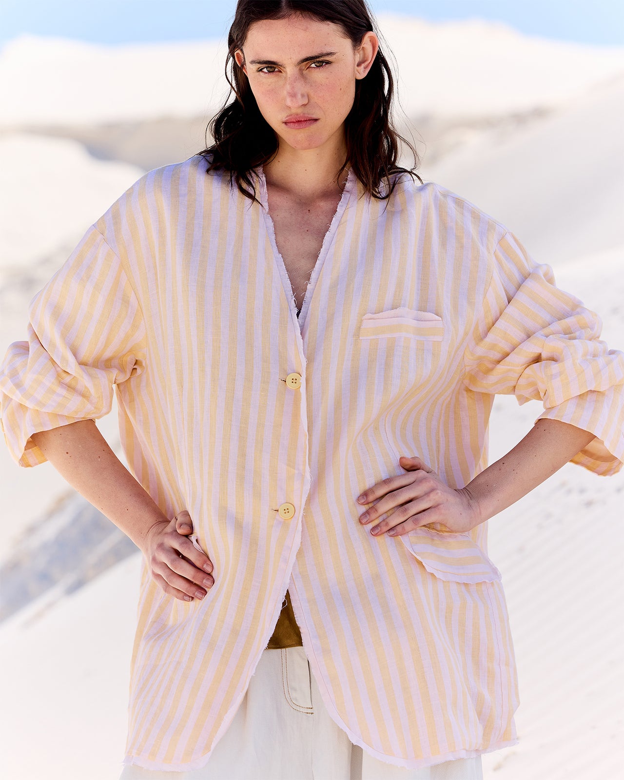 Veste Stella - Beige : Veste élégante en gaze de lin rayé jaune et beige Mes Demoiselles - Image 4