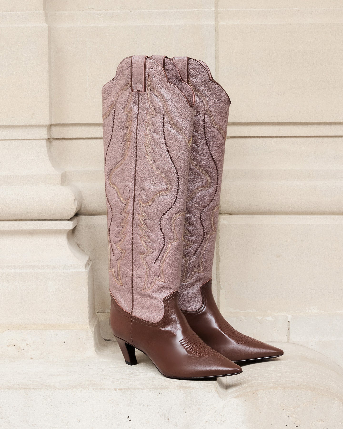Bottes hautes western en cuir marron rose - Chaussures Mes Demoiselles
